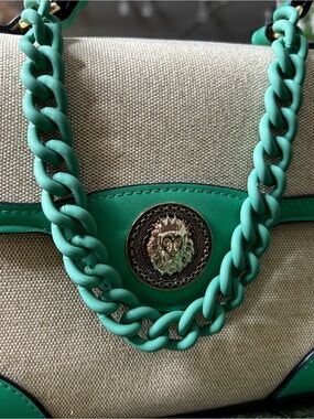 Aldo Turquoise-Trim Canvas Shoulder Bag with Chain